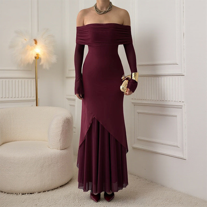 Dame elegant off-the-shoulder maxikjole med raffinert rynkede overdel og asymmetrisk kant Skjora
