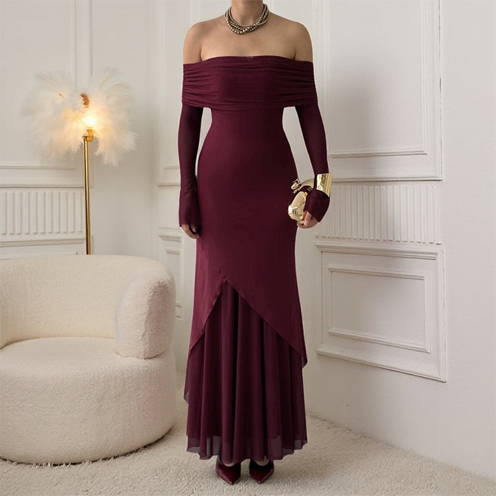Dame elegant off-the-shoulder maxikjole med raffinert rynkede overdel og asymmetrisk kant Skjora