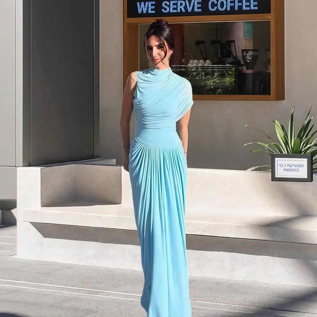 Dame Elegant Maxi Kjole med Asymmetrisk Topp og Mild Drapering