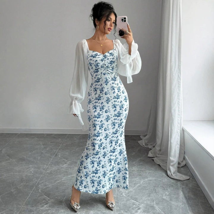 Dame Maxikjole med blomstertrykk og elegant chiffonoverdel Skjora
