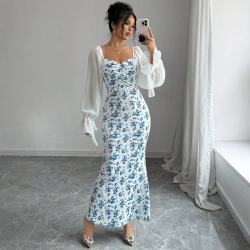 Dame Maxikjole med blomstertrykk og elegant chiffonoverdel Skjora