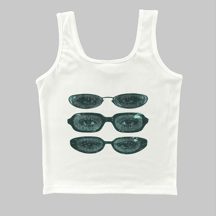 Dame ermeløs tanktop med kreativt brillemotiv Skjora