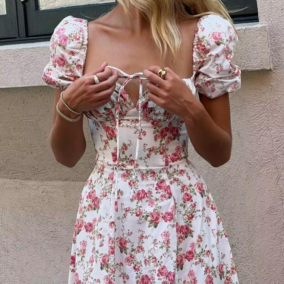 Women's Summer Floral Dress with High Neckline and Puff Sleeves Skjora