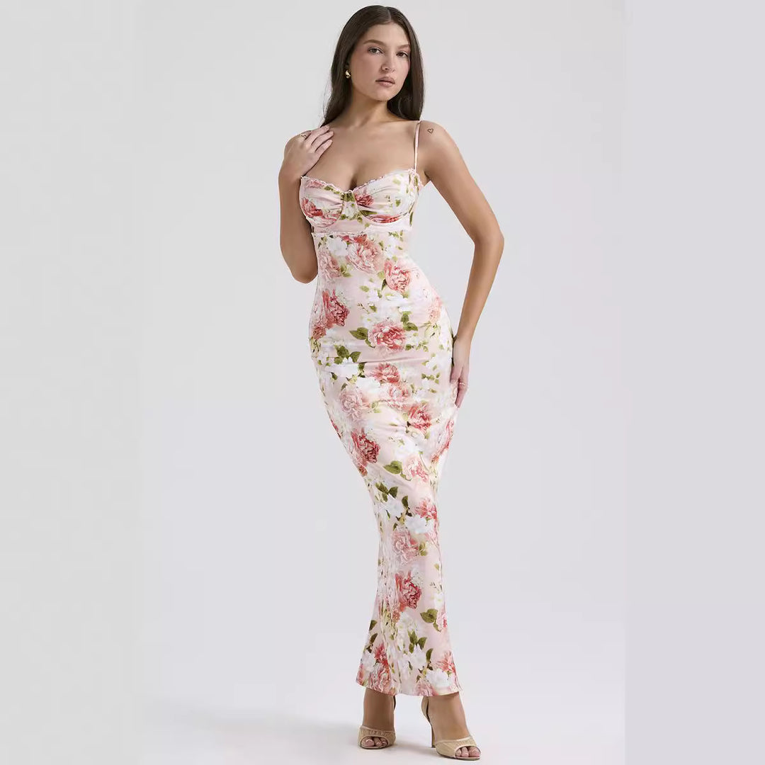 Damen Blumenkleid mit tailliertem Oberteil und schwingendem Saum Skjora