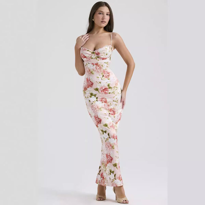 Damen Blumenkleid mit tailliertem Oberteil und schwingendem Saum Skjora