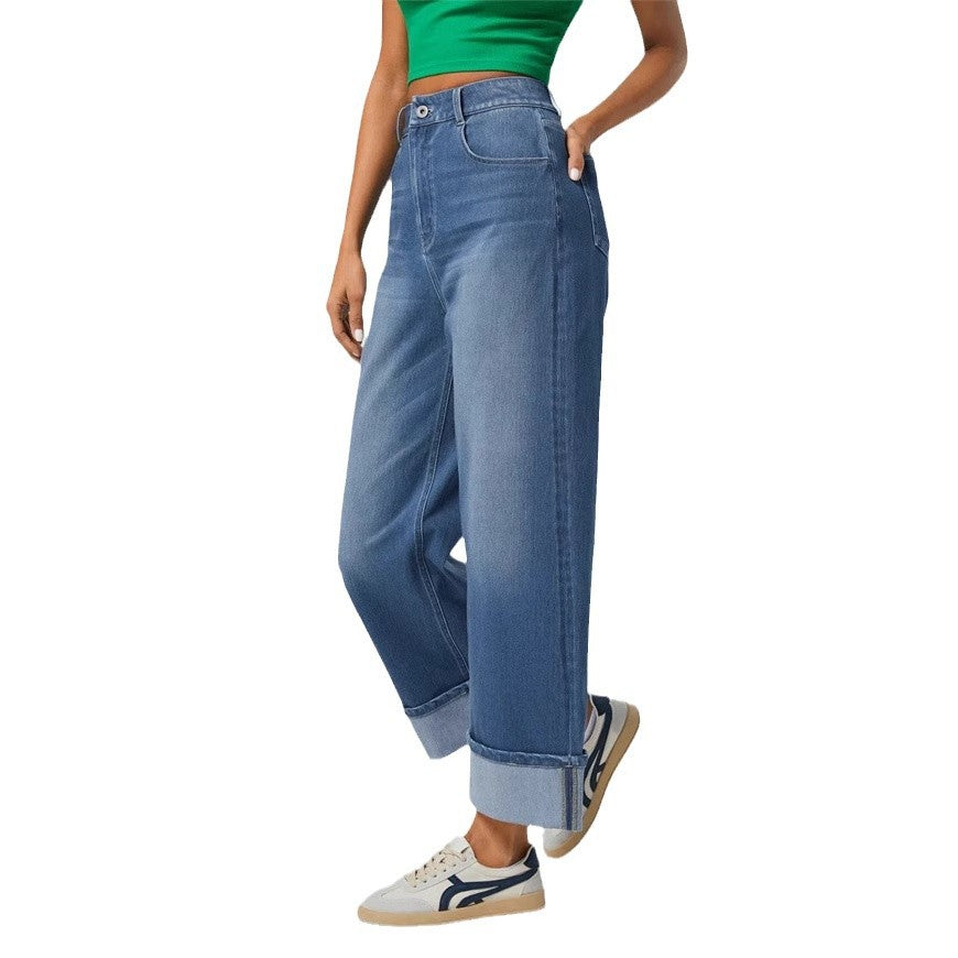 Kvinne brede jeans med høy midje og oppbrettet kant