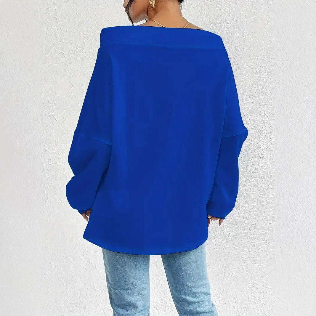 Dame casual oversized genser med åpen krage og praktiske snorene Skjora
