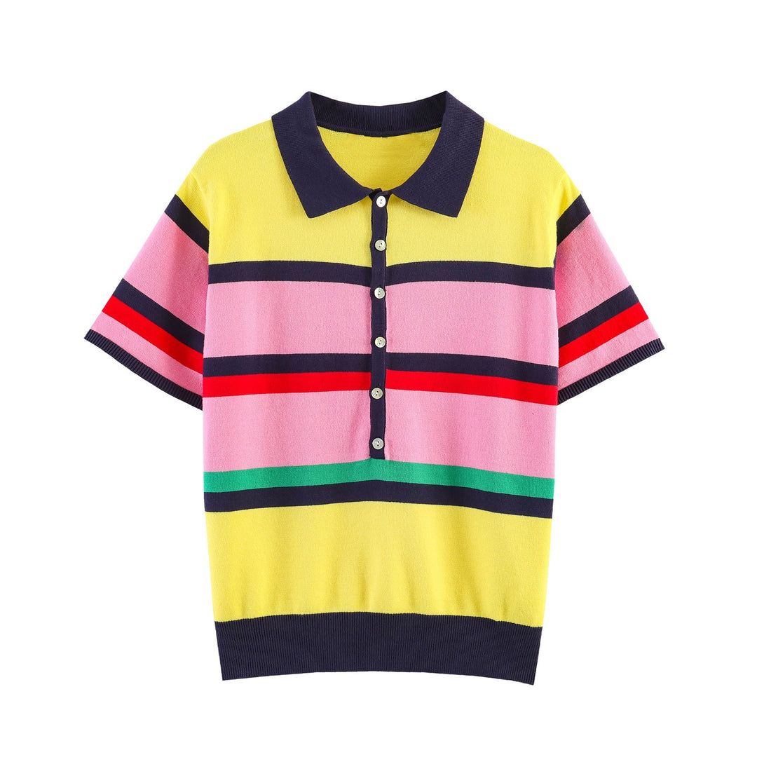 Women's Short-Sleeve Polo Shirt with Colorful Stripe Pattern Skjora