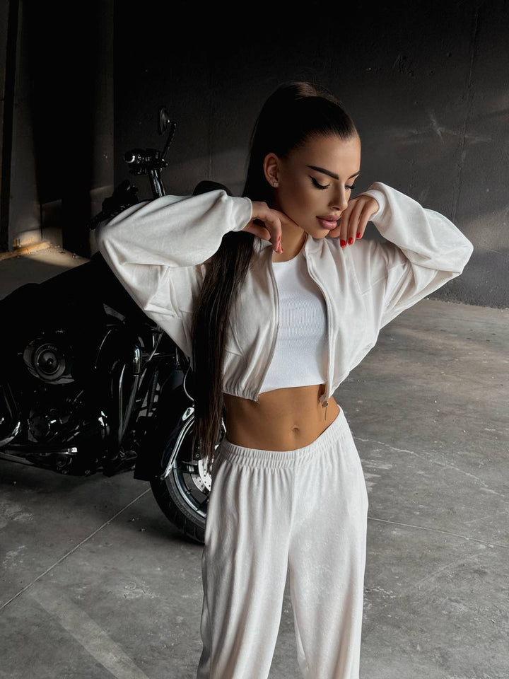 Dame sporty loungewear-jakke med glidelås og trendy bredt kutte bukser Skjora
