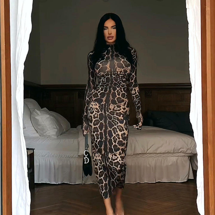 Damer Elegant gjennomsiktig Maxikjole med leopardmotiv og lange ermer Skjora