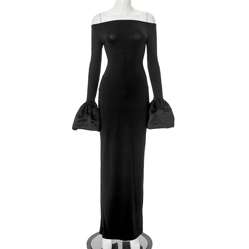 Damer Elegant Langermet Maxi-kjole med Off-Shoulder Utringning og Volangdetaljer Skjora