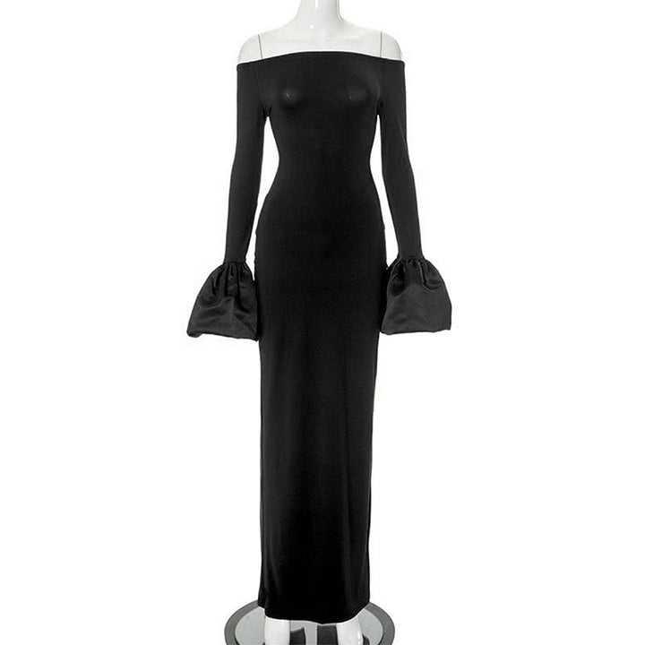 Damer Elegant Langermet Maxi-kjole med Off-Shoulder Utringning og Volangdetaljer Skjora