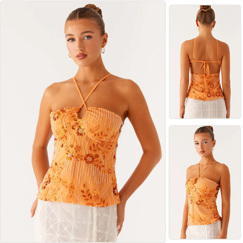 Kvinner Glitrende Bustier Top med Blomsterdesign og Funklende Applikasjoner