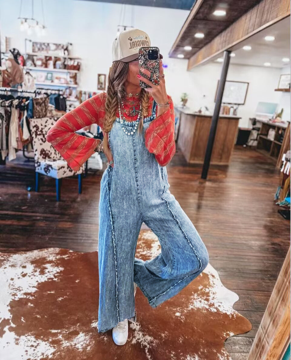 Damer denim overalls med bred ben og praktiske lommer Skjora