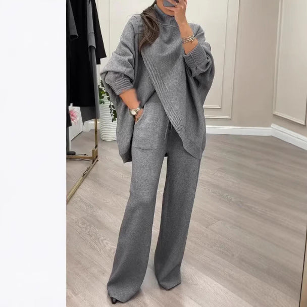 Kvinnelig Cozy Knit Ensemble med Oversized Genser og Vide Bukser Skjora