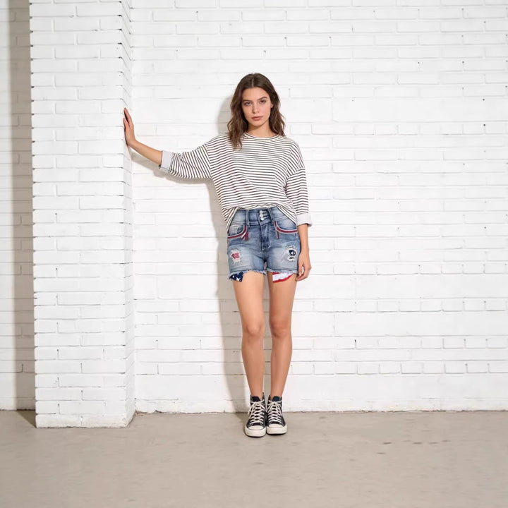 Dame Denim-shorts i vintage-stil med broderte detaljer Skjora