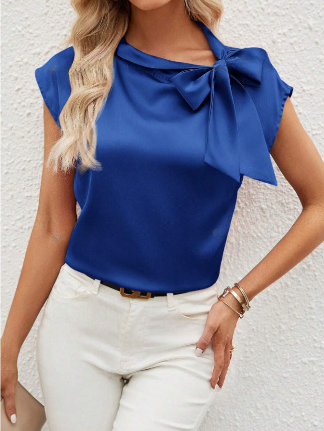 Dame Elegant Satengbluse med Sløyfedetalj Skjora