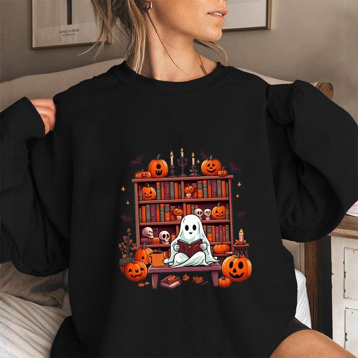 Dame sweatshirt med høstlig skremmende motiv og avslappede puffermarmer Skjora