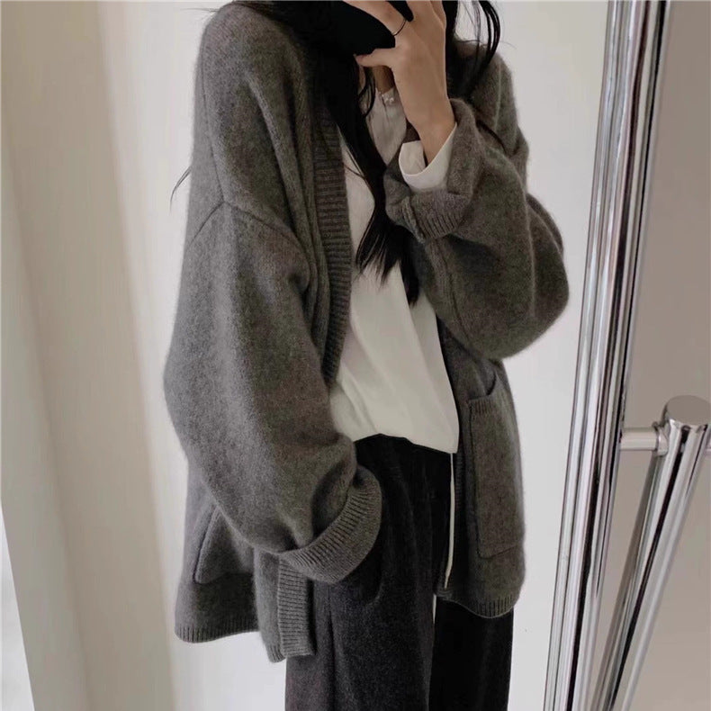 Damer Cozy Strikket Cardigan med Dyp V-Hals og Lommer