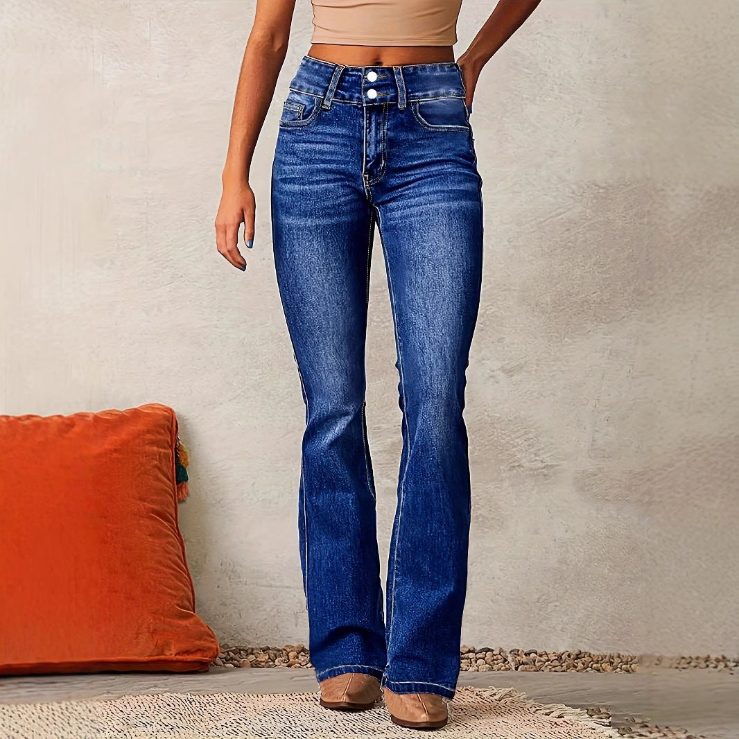 Kvinnenes høye midje flagrende jeans med dekorative knappedetaljer og figurvennlig snitt