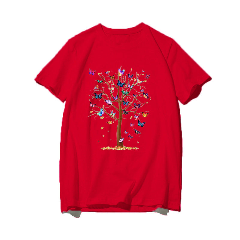 Dame T-skjorte med kreativ sommerfugl-design og tre-motiv Skjora