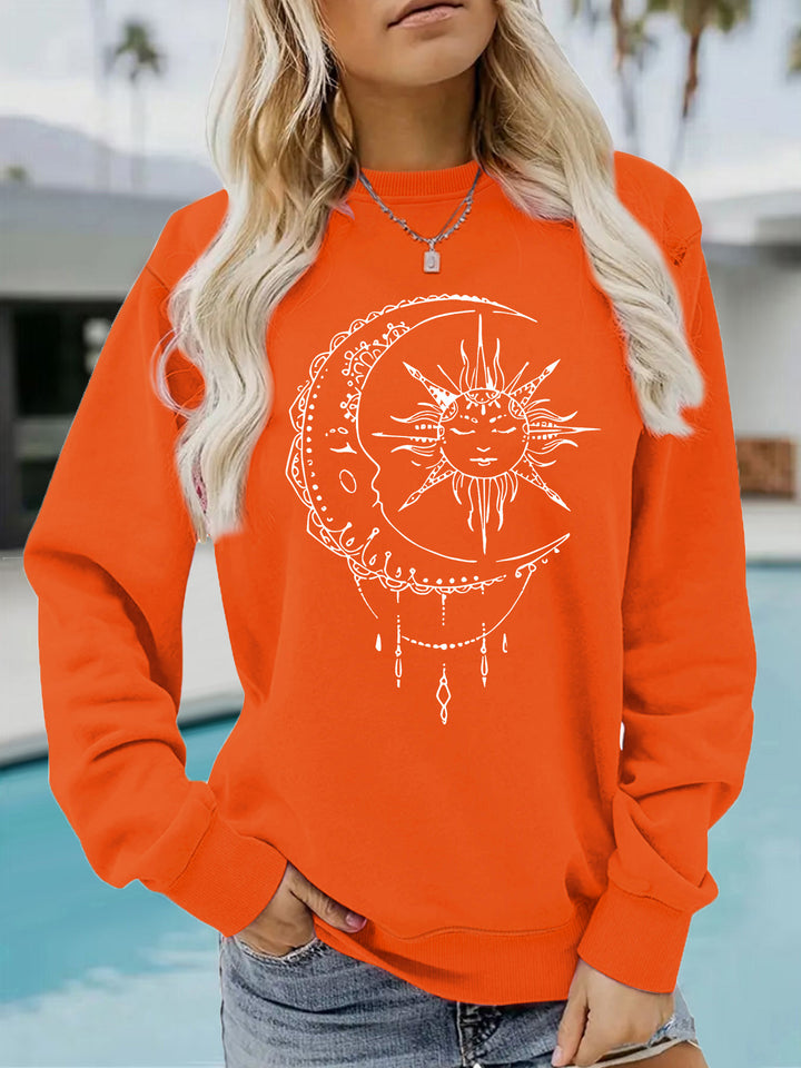 Dames sweatshirt med kunstnerisk sol- og måne-design Skjora