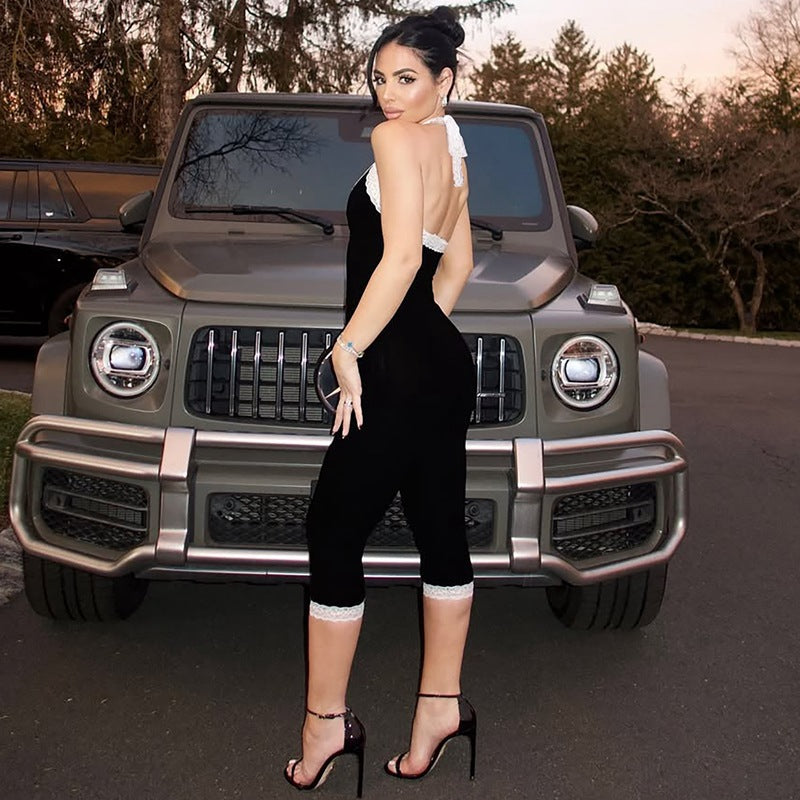 Damer Elegant Jumpsuit med blonde detaljer og innsnittet silhuett Skjora