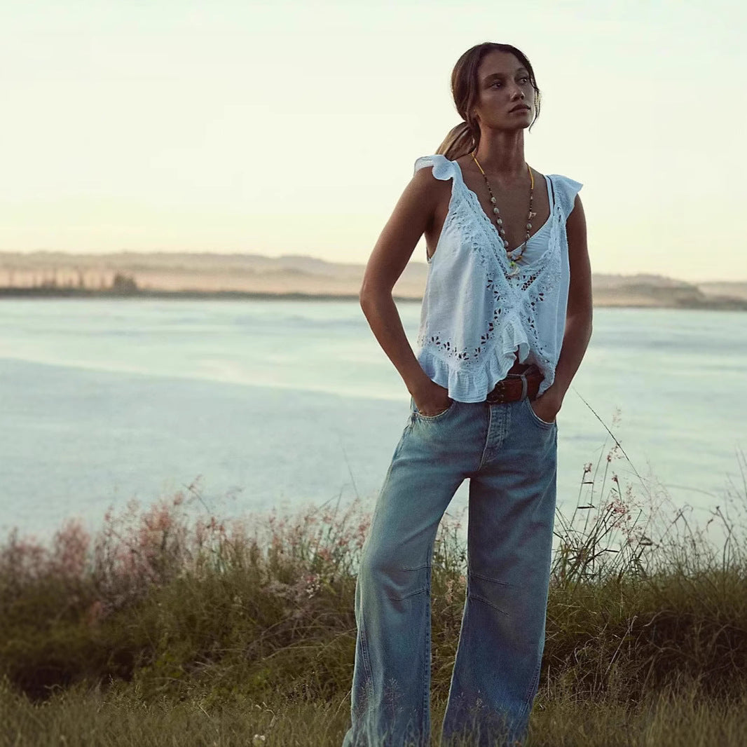 Dame luftig linne-crop-top med volanger Skjora