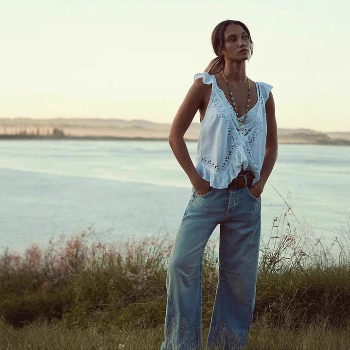 Dame luftig linne-crop-top med volanger Skjora