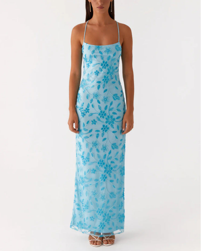 Damer Couture Maxi Kjole med Blomster Smock Design og Forførende Bak Skjora