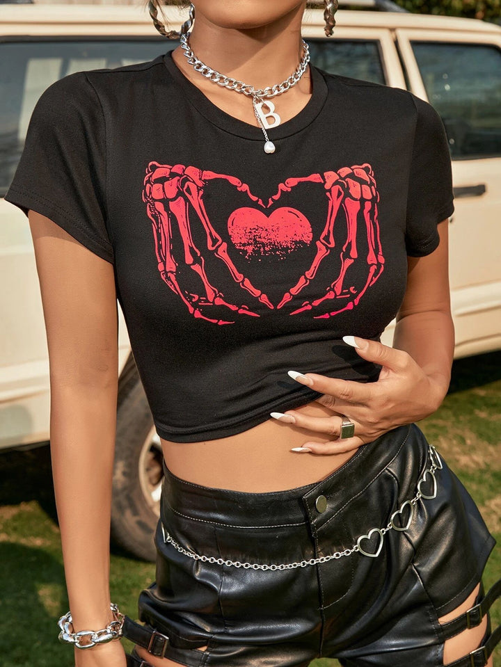 Dame Crop-Top med kreativt skjeletthåndmotiv Skjora