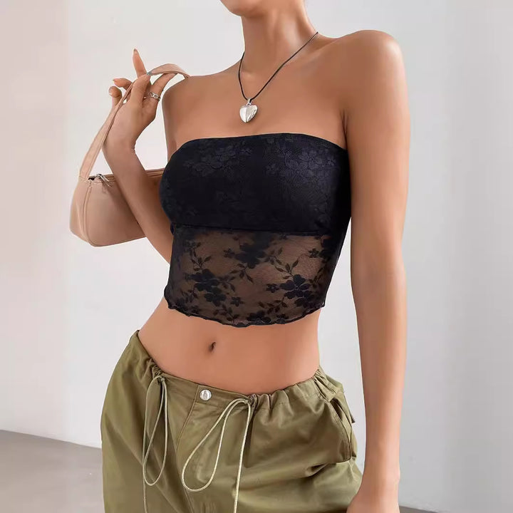 Dame gjennomsiktig Crop-Top med florale detaljer Skjora