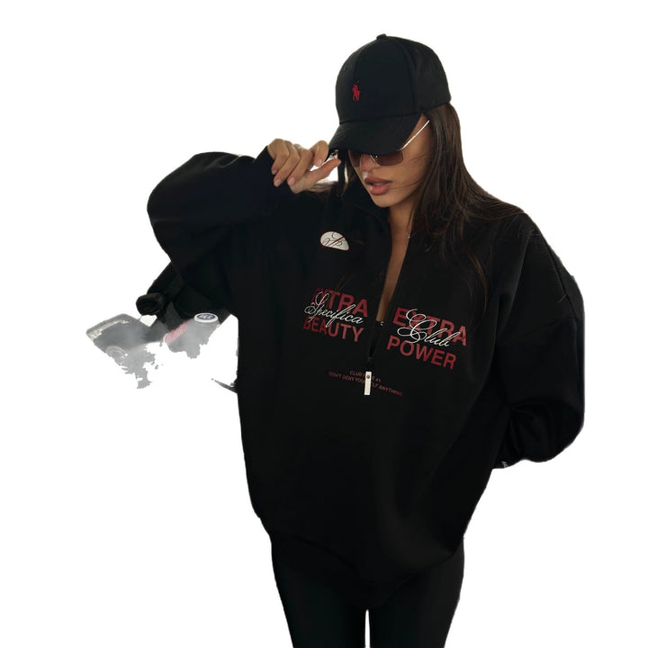 Damer Oversized Zip Genser med kreativ tekst og moderne design Skjora