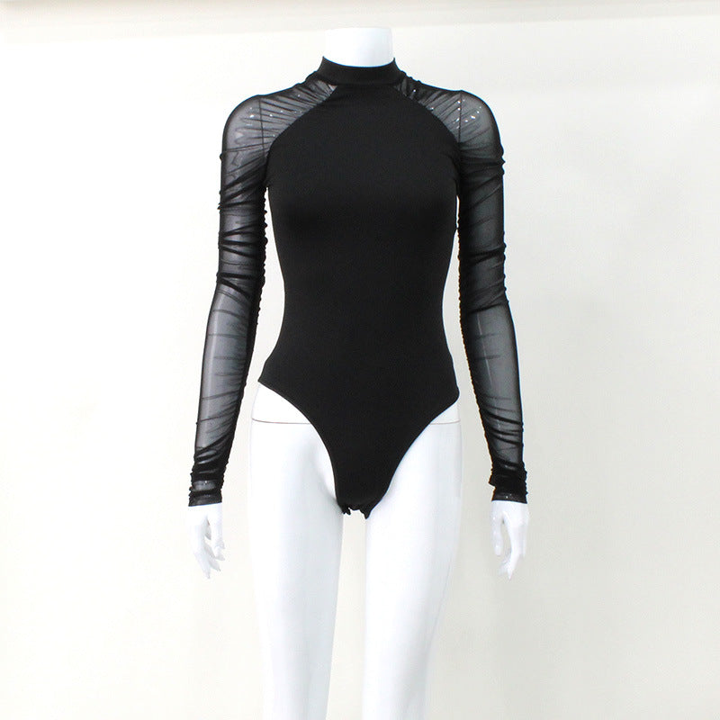 Dame Body med transparente ermer og moderne ståkrage Skjora