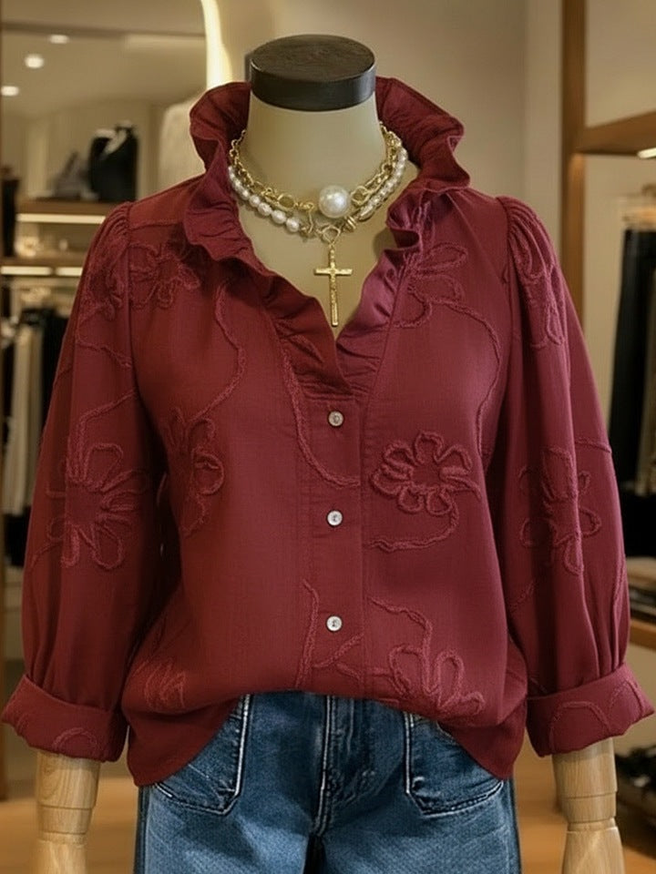 Dame elegant bluse med blomsterbroderier og voluminøse ermer Skjora