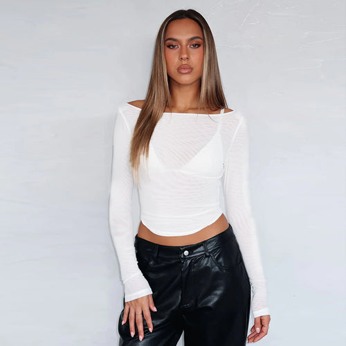 Dames langermet topp med transparent mesh-design og off-shoulder utseende