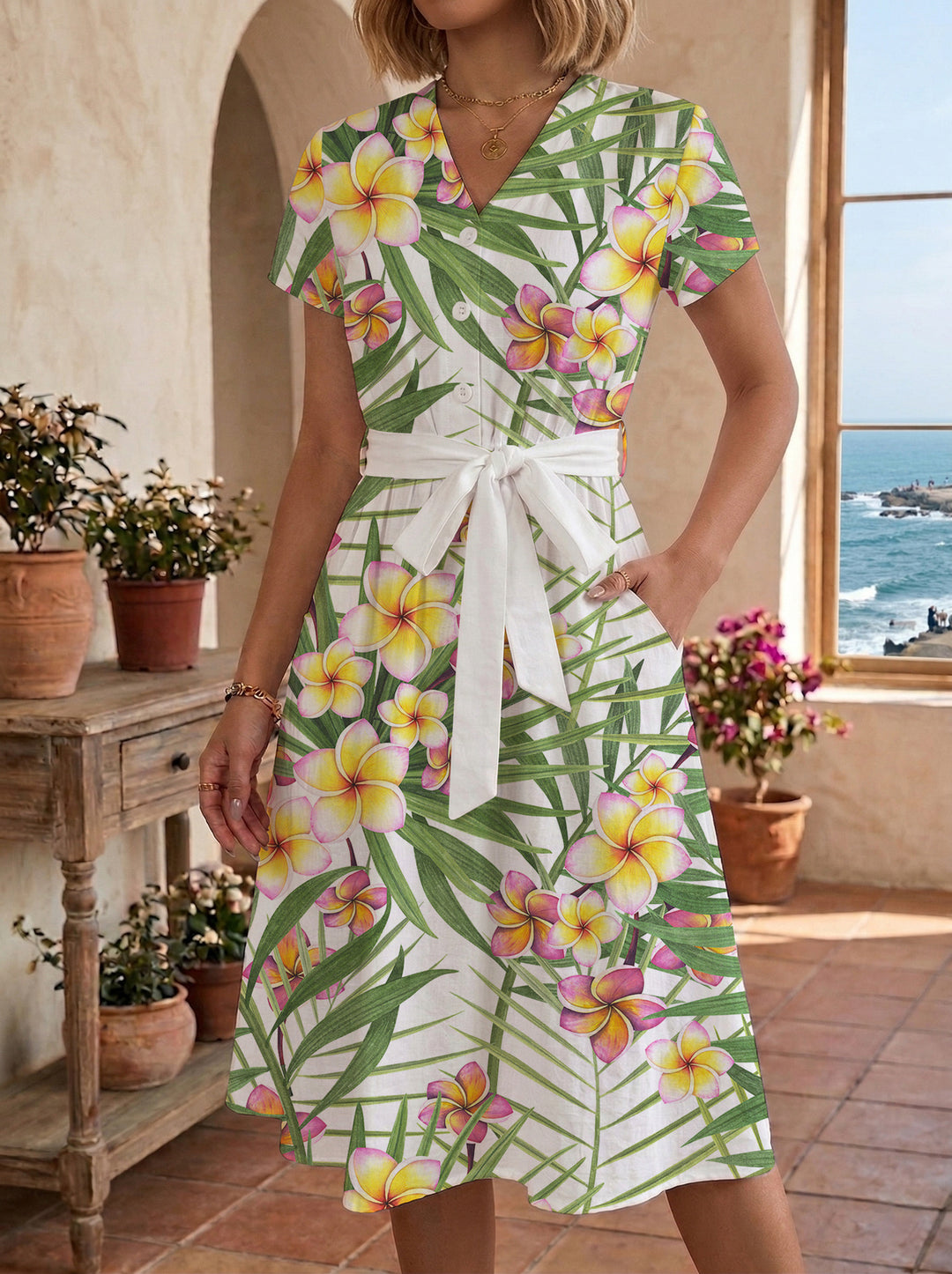Dame Midi kjole med florale akcentuer og innsnevret snitt Skjora