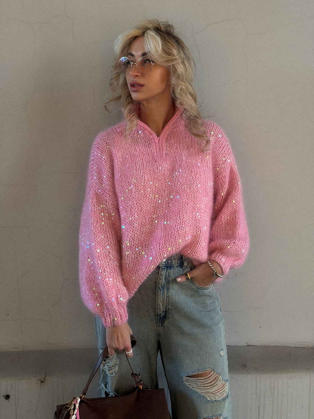 Kvinnes Glitter Genser med Casual Cut og Høy Krage Skjora