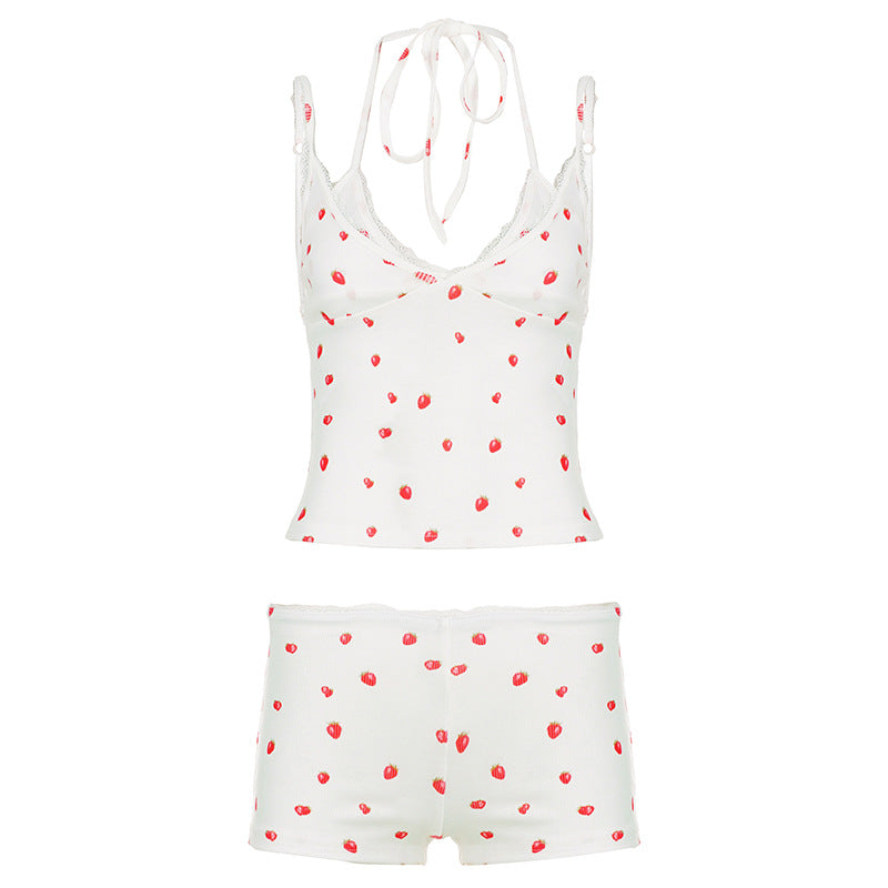 Dame loungewear-sett med spissedetaljer og fruktprint Skjora