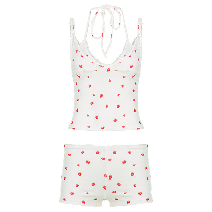 Dame loungewear-sett med spissedetaljer og fruktprint Skjora