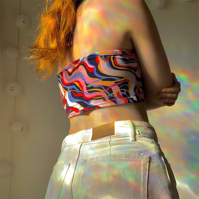 Dame Crop-Bikini-Oberteil mit Kordelzug und fargerikt design Skjora