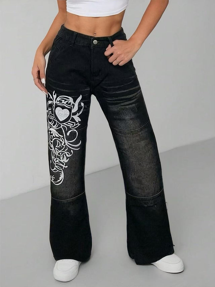 Dame vide jeans med kunstnerisk trykk Skjora