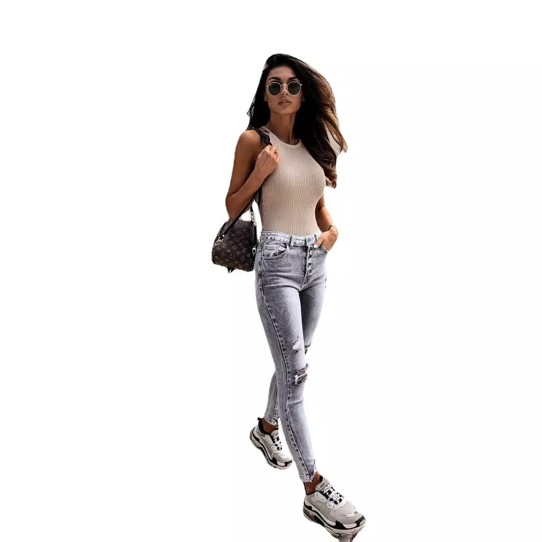 Dame Skinny Jeans med Høye Lommer og Trendy Slitte Detaljer Skjora