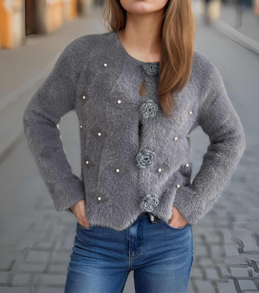 Dame fin cardigan med blomsterapplikasjoner og perleakcenter Skjora