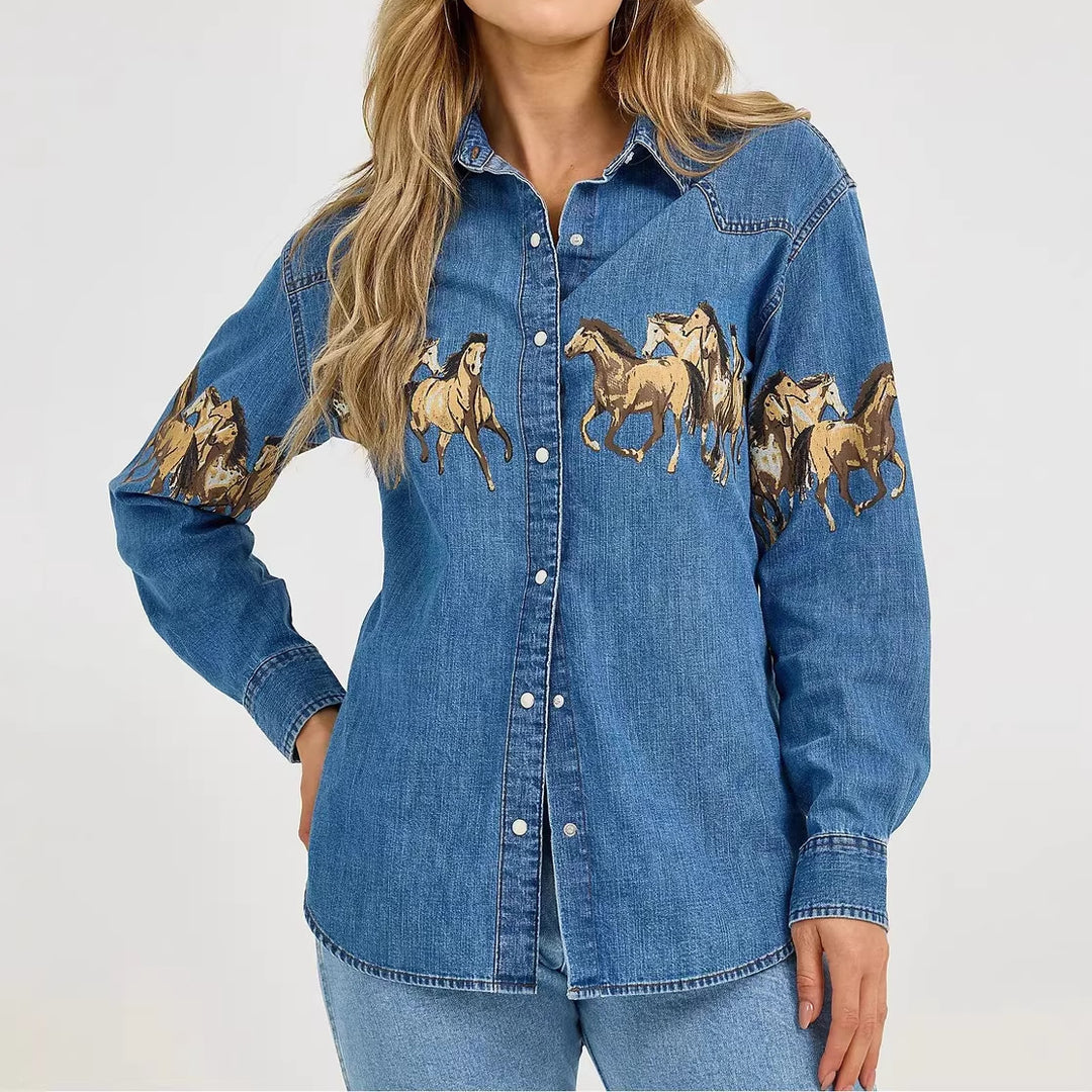 Dames denim skjorte med kreativ hestedesign og høy kvalitet bomullsblanding Skjora