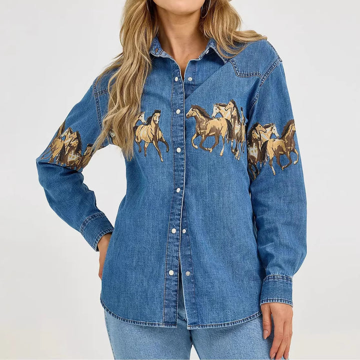 Dames denim skjorte med kreativ hestedesign og høy kvalitet bomullsblanding Skjora