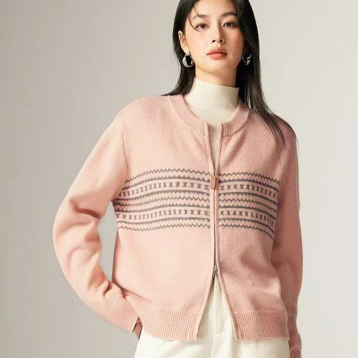 Dame cardigan med elegant glidelås og grafisk mønster Skjora