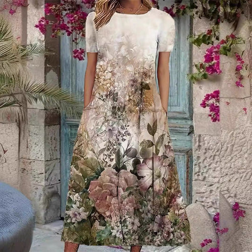 Dame Elegant Maxikjole med blomstermønster og delikat rund hals Skjora