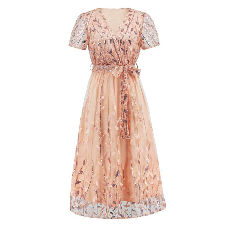 Dame maxikjole med florale broderier og elegant V-hals Skjora