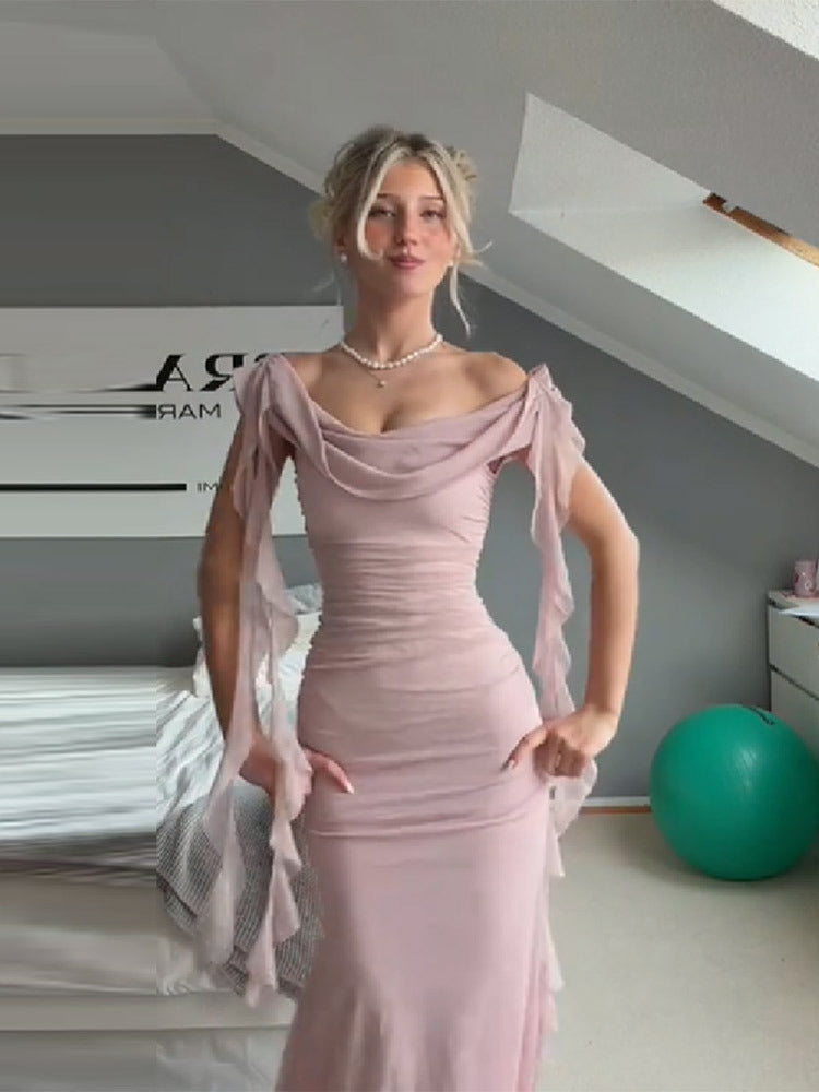 Dame Elegant Maxikjole med draperte ermer og kroppsvennlig snitt Skjora